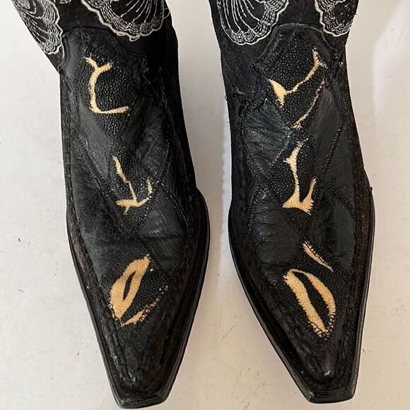 Olvera  Made in Mexico Black Leather Boots With White Butterfly Embroidery 6.5